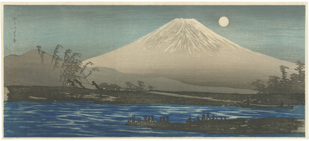 Fuji WB Takahashi Shotei (Hiroaki) Japanese Woodblock Prints Boat River Mt.: Fuji WB Takahashi Shotei (Hiroaki) Japanese Woodblock Prints Boat River Mt. Experience the timeless beauty of Japanese woodblock prints with this stunning piece, 'Boat River Mt.' by renowned artist Sh