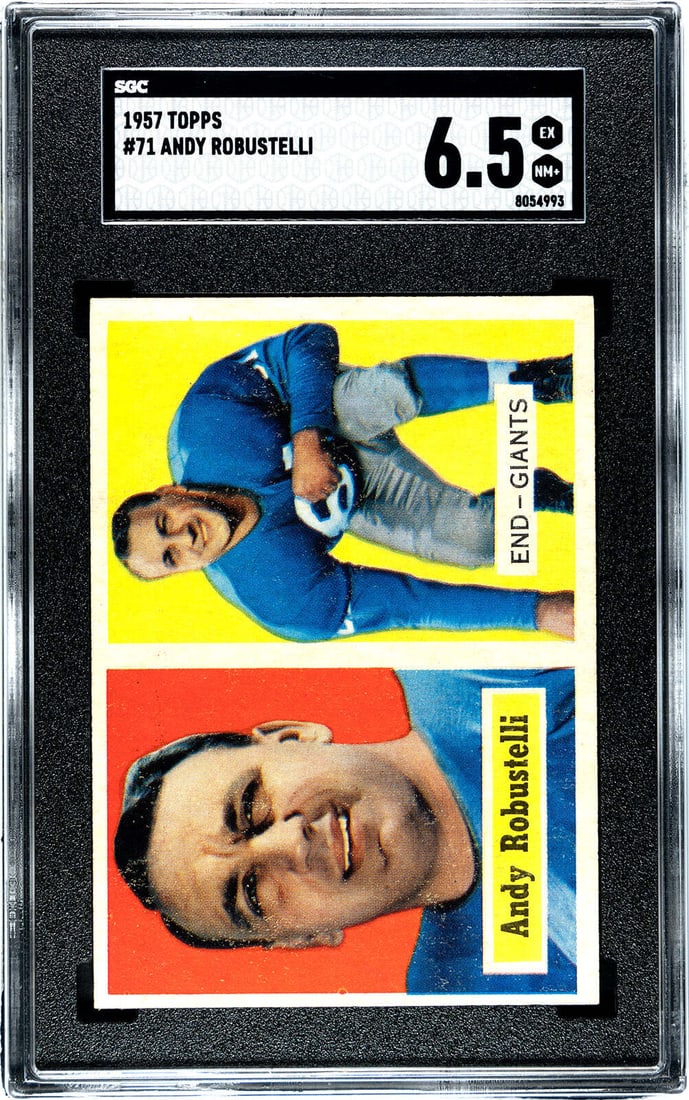 6.5 Andy Robustelli 1957 Topps #71 SGC: 6.5 Andy Robustelli 1957 Topps #71 SGC Rarity seekers, take note! This 1957 Topps baseball card of legendary defensive tackle Andy Robustelli is a highly sought-after gem, graded 6.5 by the experts at