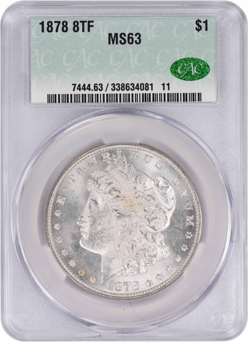 CACG 1878 Morgan Silver Dollar 8TF MS63: CACG 1878 Morgan Silver Dollar 8TF MS63 Experience the majesty of the 1878 Morgan Silver Dollar, one of the most iconic coins in American history. With its stunning MS63 grade and impressive weight of