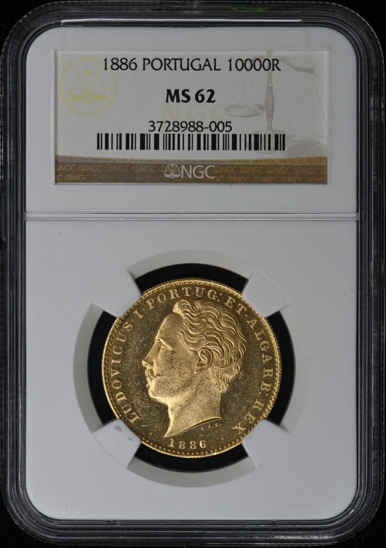 .5529oz 1886 PORTUGAL 10000R NGC MS62 Mintage 1800: .5529oz 1886 PORTUGAL 10000R NGC MS62 Mintage 1800 Experience the rich history of Portugal with this stunning 1886 Portuguese 10000R coin, certified MS62 by NGC and graded for its exceptional conditio