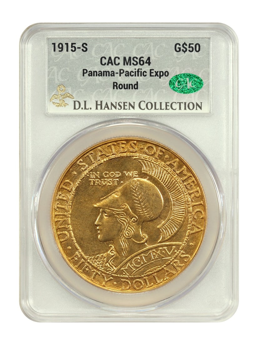 Simpson 1915-S $50 Pan-Pac Round CACG MS64 ex: D.L. Hansen/: Simpson 1915-S $50 Pan-Pac Round CACG MS64 ex: D.L. Hansen/ A rare gem for the serious collector, this 1915-S $50 Pan-Pac is a stunning example of a Classic Gold Commemorative coin in near-mint condit