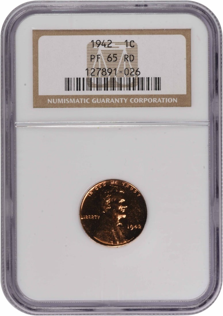 1942 Lincoln Cent - PR65RD NGC: 1942 Lincoln Cent - PR65RD NGC A rare and highly sought-after 1942 Lincoln Cent, graded PR65RD by the NGC, boasts exceptional condition with minimal wear, making it a prized addition to any coin colle