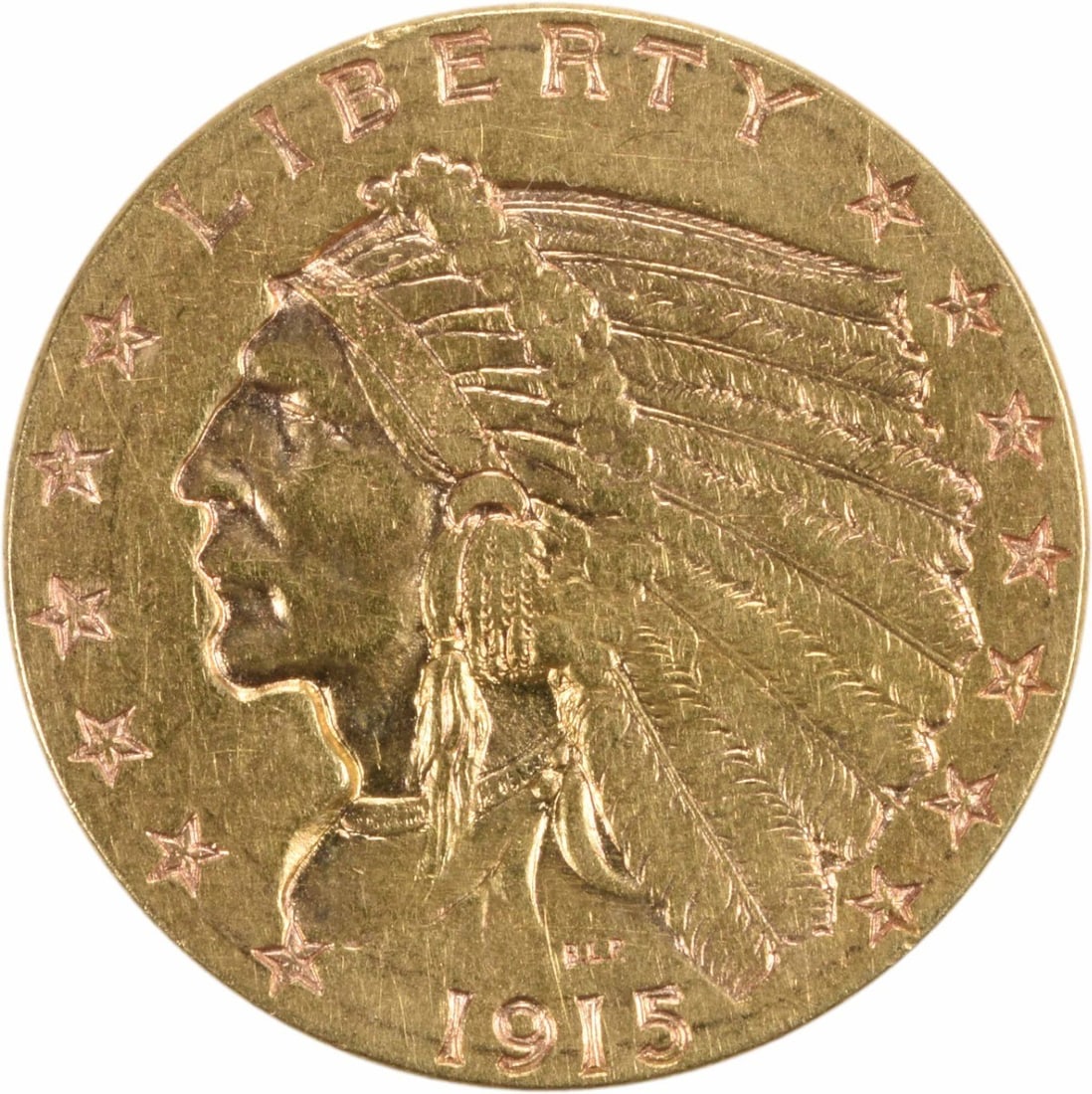Uncertified 1915 $2.50 Gold Indian AU: Uncertified 1915 $2.50 Gold Indian AU A stunning 1915 $2.50 Gold Indian coin, certified as AU (almost fully minted), boasts its original circulated condition with a rich gold tone and intricate detail