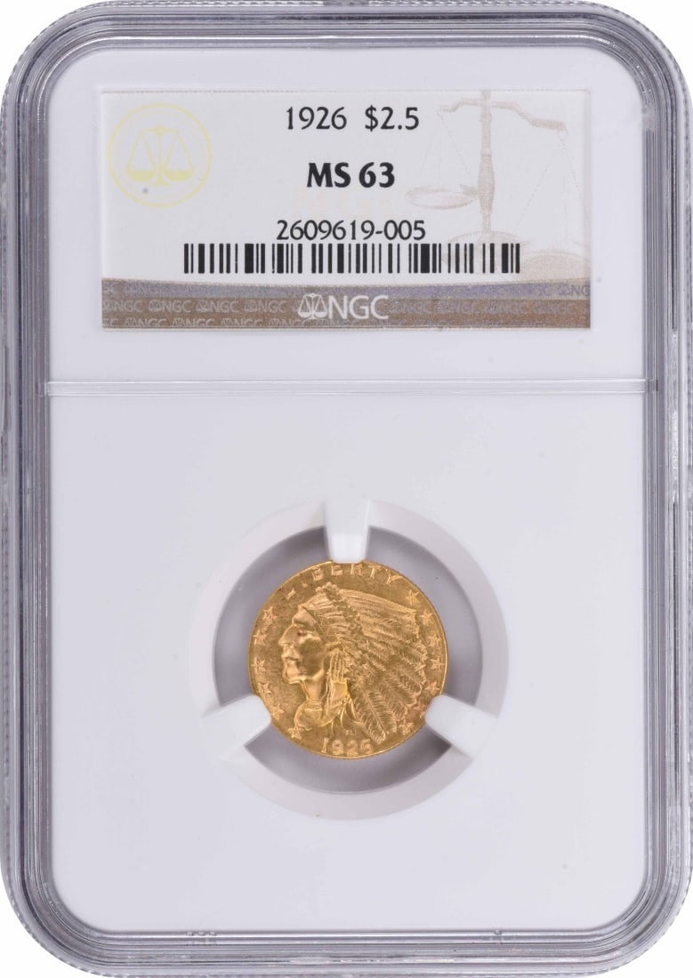 NGC 1926 $2.50 Gold Indian MS63: NGC 1926 $2.50 Gold Indian MS63 A stunning example of American gold coinage, the NGC 1926 $2.50 Gold Indian MS63 boasts a rich history and exceptional condition, with its high-grade MS63 certification