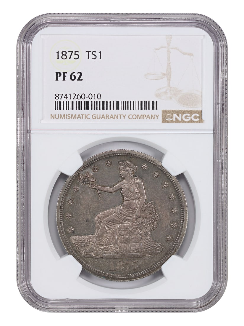 1875 Trade $1 NGC PR62 - Dollar Desirable Proof: 1875 Trade $1 NGC PR62 - Dollar Desirable Proof A rare and highly sought-after 1875 Trade Dollar, graded PR62 by the Numismatic Guaranty Corporation (NGC), boasts an impressive strike quality that sho