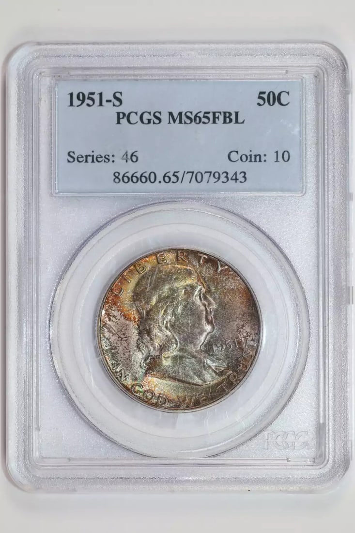 1951-S Franklin Half Dollar PCGS MS65 FBL Pretty Color: 1951-S Franklin Half Dollar PCGS MS65 FBL Pretty Color Experience the beauty of the 1951-S Franklin Half Dollar, certified by PCGS as MS65 FBL Pretty Color. This stunning coin boasts a gorgeous silver