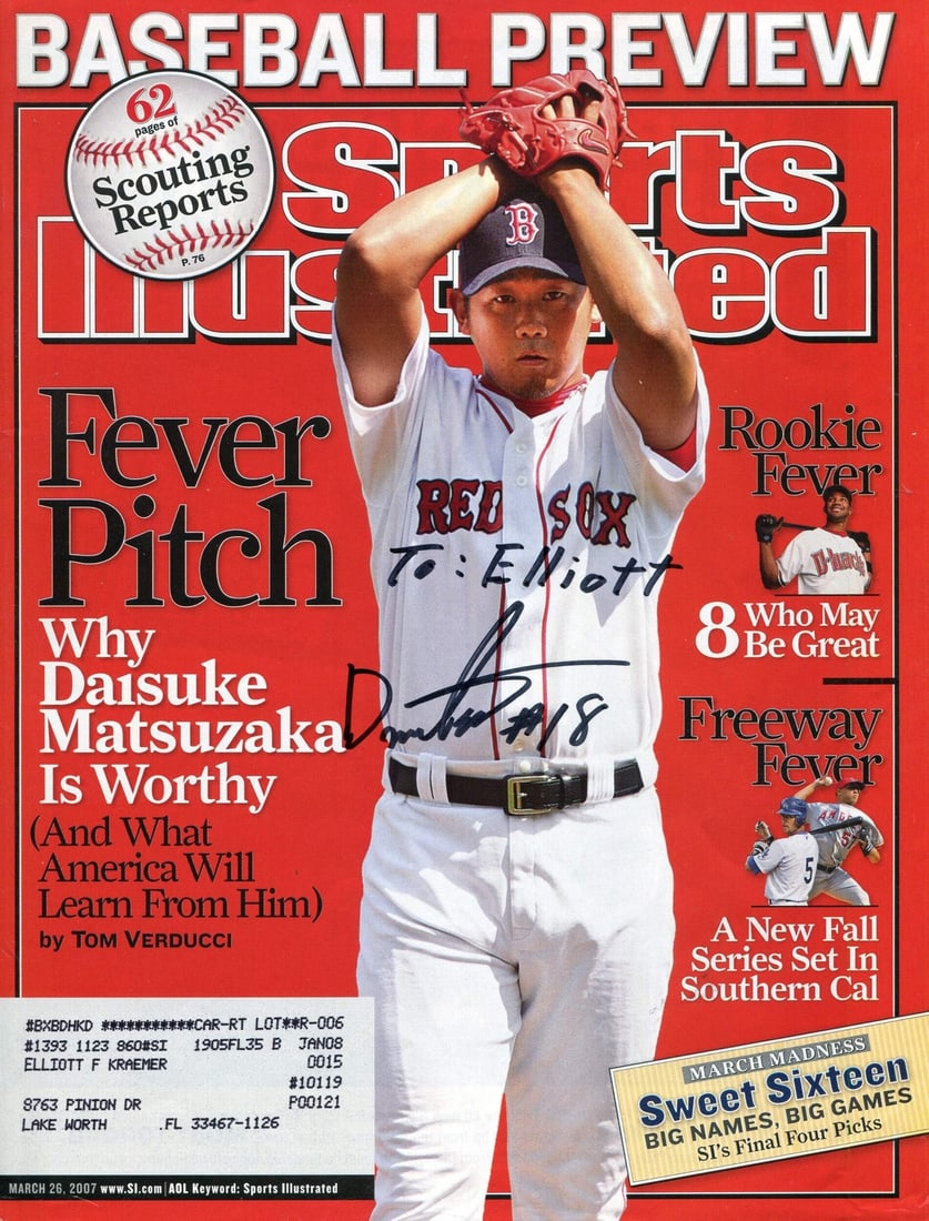 Autographed Daisuke Matsuzaka: Autographed Daisuke Matsuzaka Meet the rare opportunity to own a piece of baseball history, as Daisuke Matsuzaka proudly graces the cover of Sports Illustrated in sharpie signature. Authenticated by ,