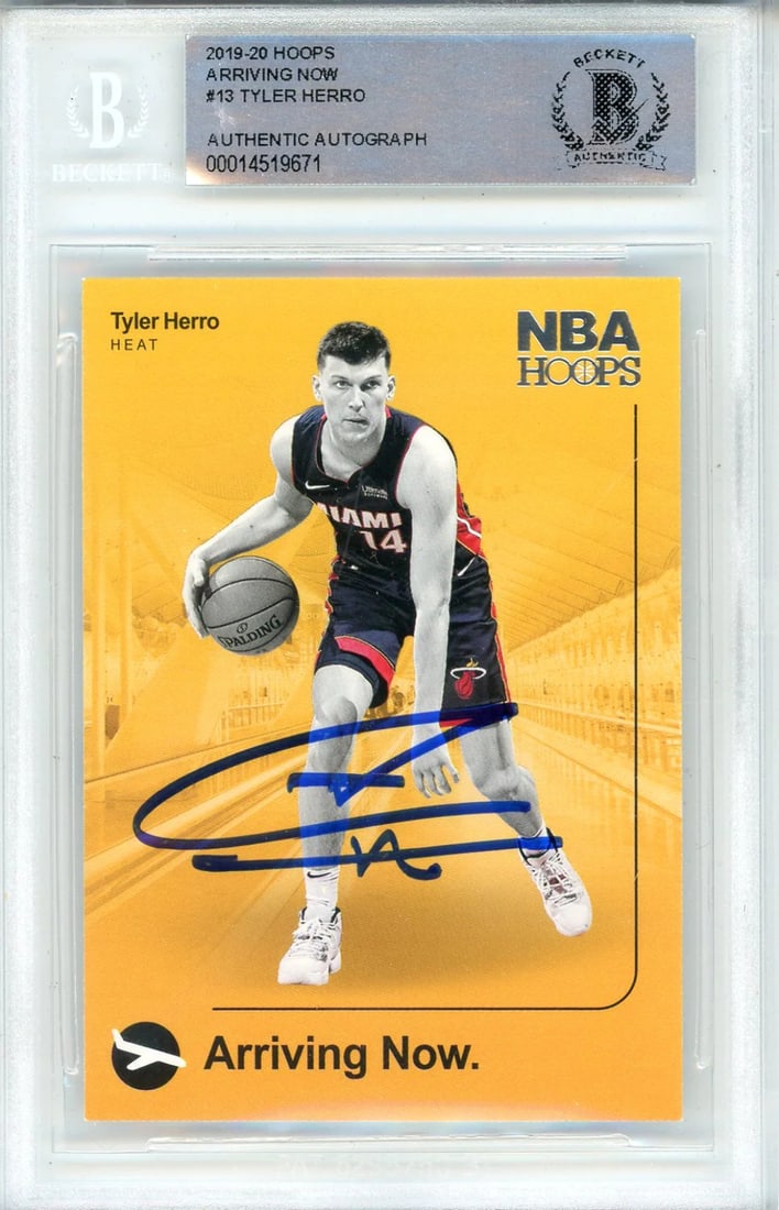Tyler Herro Autographed 2019-20 Panini Hoops Rookie Card #13 (BGS): Tyler Herro Autographed 2019-20 Panini Hoops Rookie Card #13 (BGS) Get ready to add a piece of NBA history to your collection with this autographed 2019-20 Panini Hoops Rookie Card #13, signed by Tyle