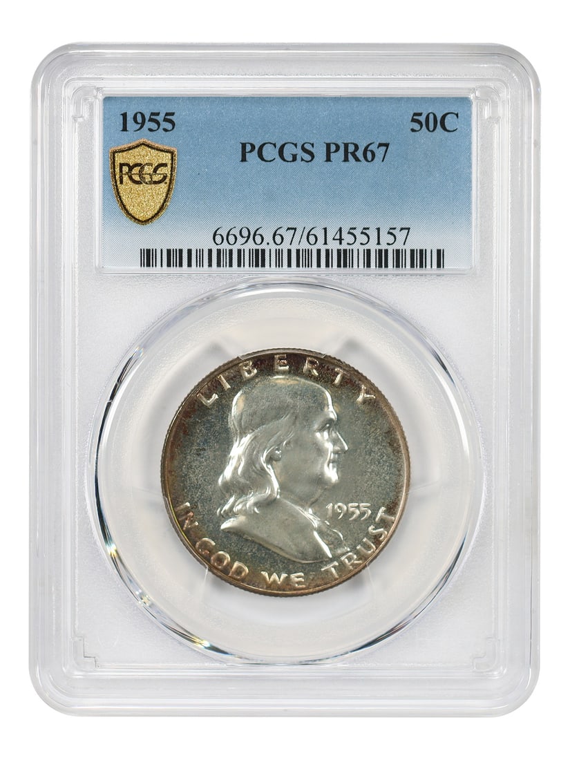 1955 Franklin Half Dollar PCGS PR67: 1955 Franklin Half Dollar PCGS PR67 Experience the iconic design of the 1955 Franklin Half Dollar in pristine condition, graded PR67 by PCGS. This stunning coin boasts exceptional strike and luster, m