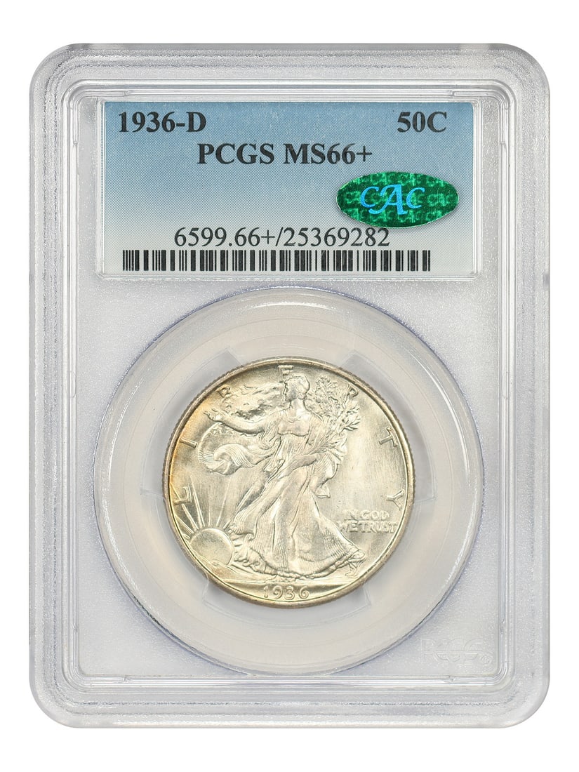 1936-D Walking Liberty Half Dollar MS66+, PCGS/ CAC: 1936-D Walking Liberty Half Dollar MS66+, PCGS/ CAC Experience the iconic design of the 1936-D Walking Liberty Half Dollar, certified MS66+ by PCGS and CAC. This stunning coin boasts exceptional strik