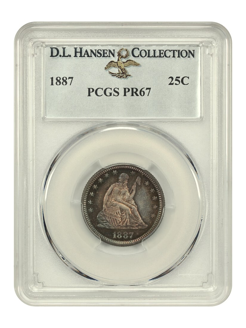 D.L. Hansen 1887 25C PCGS PR67: D.L. Hansen 1887 25C PCGS PR67 Experience the beauty of American numismatics with this stunning 1887 25C PCGS PR67, graded by the prestigious Professional Coin Grading Service (PCGS) as one of the fin