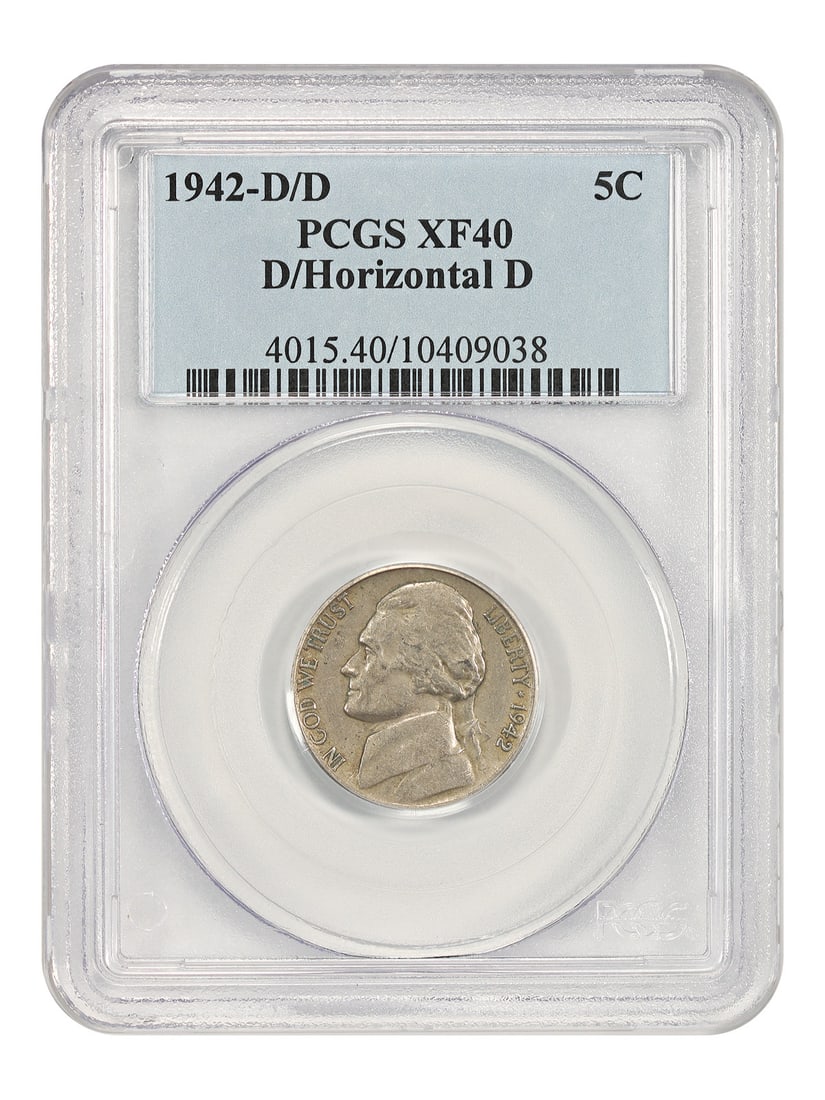 Jefferson Nickel - 1942-D/ Horizontal D 5C PCGS XF40: Jefferson Nickel - 1942-D/ Horizontal D 5C PCGS XF40 A rare and highly sought-after 1942-D Jefferson Nickel, graded XF40 by PCGS, is up for auction. This circulated coin boasts a unique horizontal D m