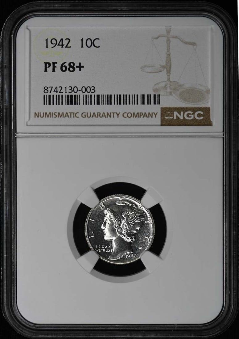1942 Mercury Dime 10c NGC PR68+: 1942 Mercury Dime 10c NGC PR68+ Rarity and beauty come together in this stunning 1942 Mercury Dime, certified by the Numismatic Guaranty Corporation (NGC) as PR68+, one of the highest grades for circu