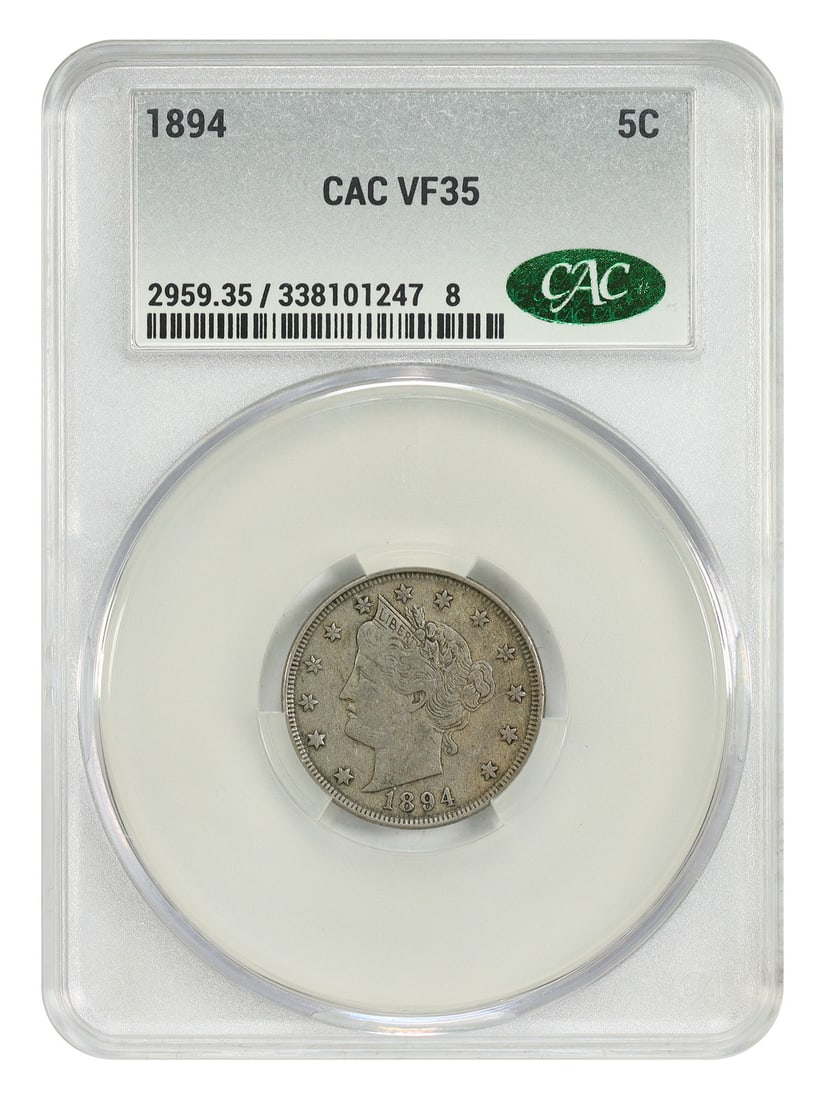 Liberty Nickel 1894 5C CACG VF35: Liberty Nickel 1894 5C CACG VF35 Experience the rich history of the American nickel with this 1894 Liberty Nickel, certified by CACG as Circulated and graded VF35. Struck in Philadelphia, this coin bo