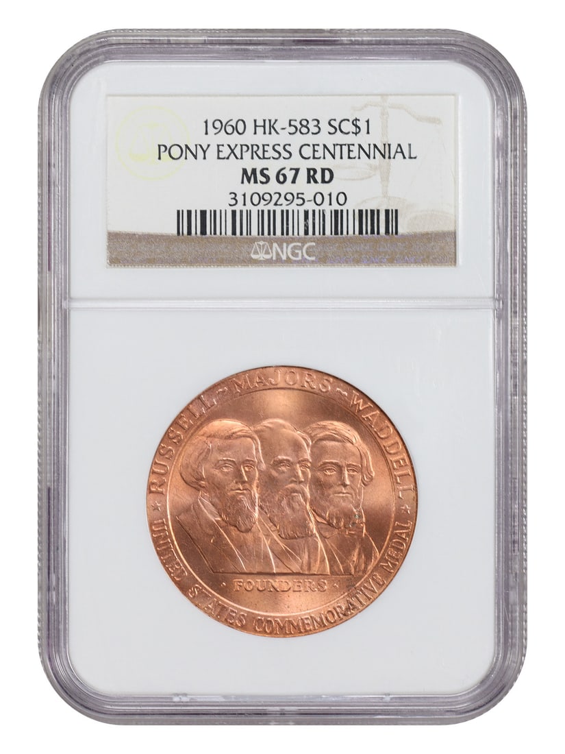 1960 Pony Express Centennial Dollar NGC MS67RD (HK-583, Bronze): 1960 Pony Express Centennial Dollar NGC MS67RD (HK-583, Bronze) Celebrate the Pony Express Centennial with this stunning 1960 SC$1 dollar, certified MS67RD by NGC. As one of only a handful graded in R