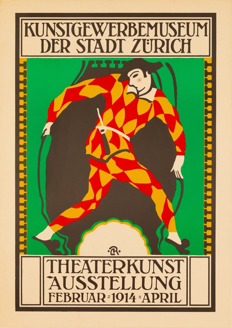 Poster Theaterkunst Ausstellung Zurich Carl Roesch 1914 Swiss Deco Exhibition: Poster Theaterkunst Ausstellung Zurich Carl Roesch 1914 Swiss Deco Exhibition Experience the elegance of Art Deco with this rare 1914 poster from Carl Roesch, showcasing the Kunstgeweberbemuseum exhib