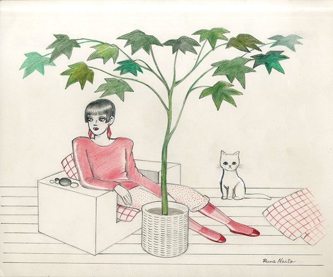 Japanese Rune Naito colored pencil on paper Sitting Woman and Cat signature: Japanese Rune Naito colored pencil on paper Sitting Woman and Cat signature Experience the timeless elegance of Japanese art with this exquisite colored pencil drawing on paper, signed by renowned art