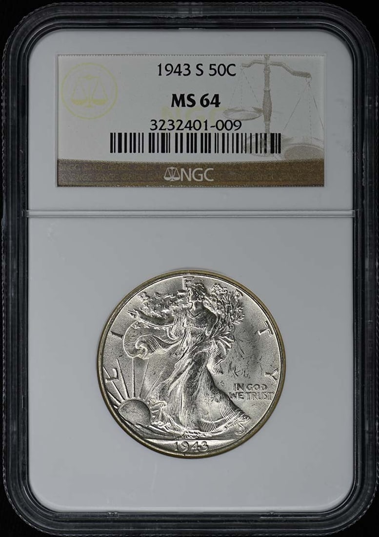 1943-S Walking Liberty Half Dollar, NGC MS64: 1943-S Walking Liberty Half Dollar, NGC MS64 Experience the iconic Walking Liberty Half Dollar from 1943, certified by NGC and graded MS64. This uncirculated coin is a rare find, showcasing the San Fr