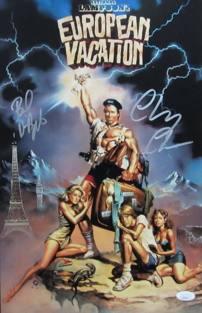 Chevy Chase & Beverly D'Angelo Autographed European Vacation 11x17 Poster (JSA): Chevy Chase & Beverly D'Angelo Autographed European Vacation 11x17 Poster (JSA) Get ready to relive the hilarious antics of Chevy Chase and Beverly D'Angelo in this authentic, JSA authenticated 11x17