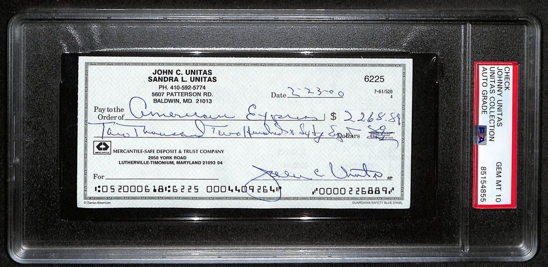 Johnny Unitas HOF Signed 2000 Bank Check (PSA/ DNA GEM MT 10) - 192626: Johnny Unitas HOF Signed 2000 Bank Check (PSA/ DNA GEM MT 10) - 192626 Meet the legendary Johnny Unitas, one of the greatest quarterbacks in NFL history, and own a piece of football lore with this PSA