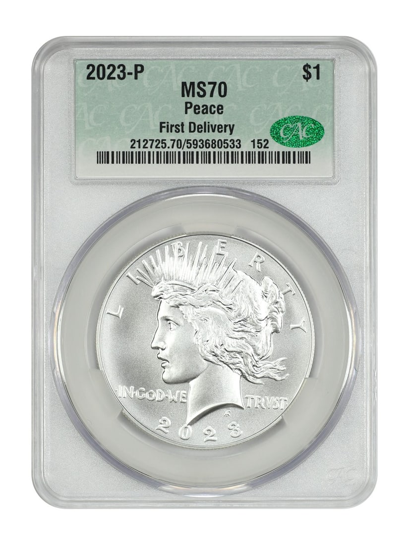 2023-P $1 Peace Dollar CACG MS70 First Delivery: 2023-P $1 Peace Dollar CACG MS70 First Delivery Experience the rare opportunity to own one of the first 2023-P $1 Peace Dollar coins, graded MS70 by CACG, marking it as a true First Delivery. This stu