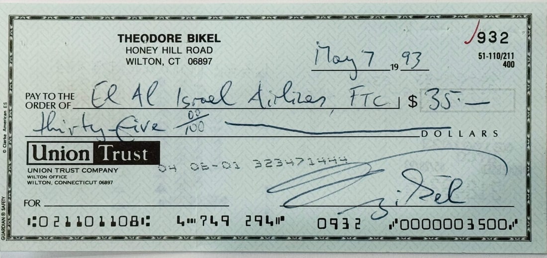 1993 Theodore Bikel Actor & Folk Singer Personal Check May: 1993 Theodore Bikel Actor & Folk Singer Personal Check May A rare opportunity to own a piece of music history, this 1993 personal check signed by the legendary actor and folk singer Theodore Bikel is