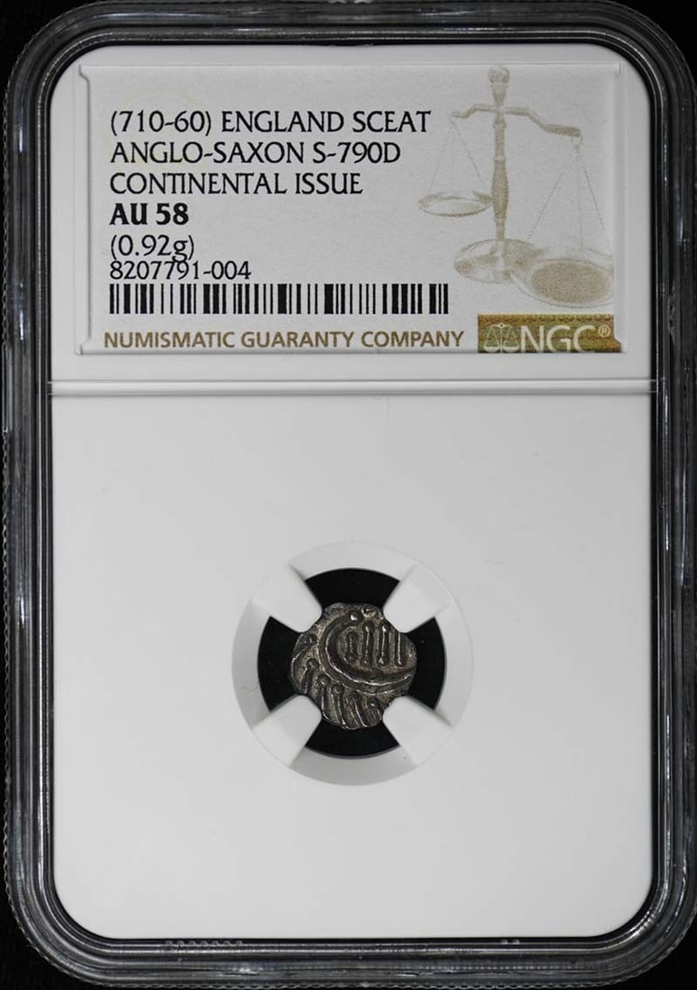 Anglo-Saxon England S-790D Continental Issue Sceat NGC AU58: Anglo-Saxon England S-790D Continental Issue Sceat NGC AU58 Experience the rich history of Anglo-Saxon England with this circulated Sceat coin, certified by NGC and graded AU58. Issued in the Continen