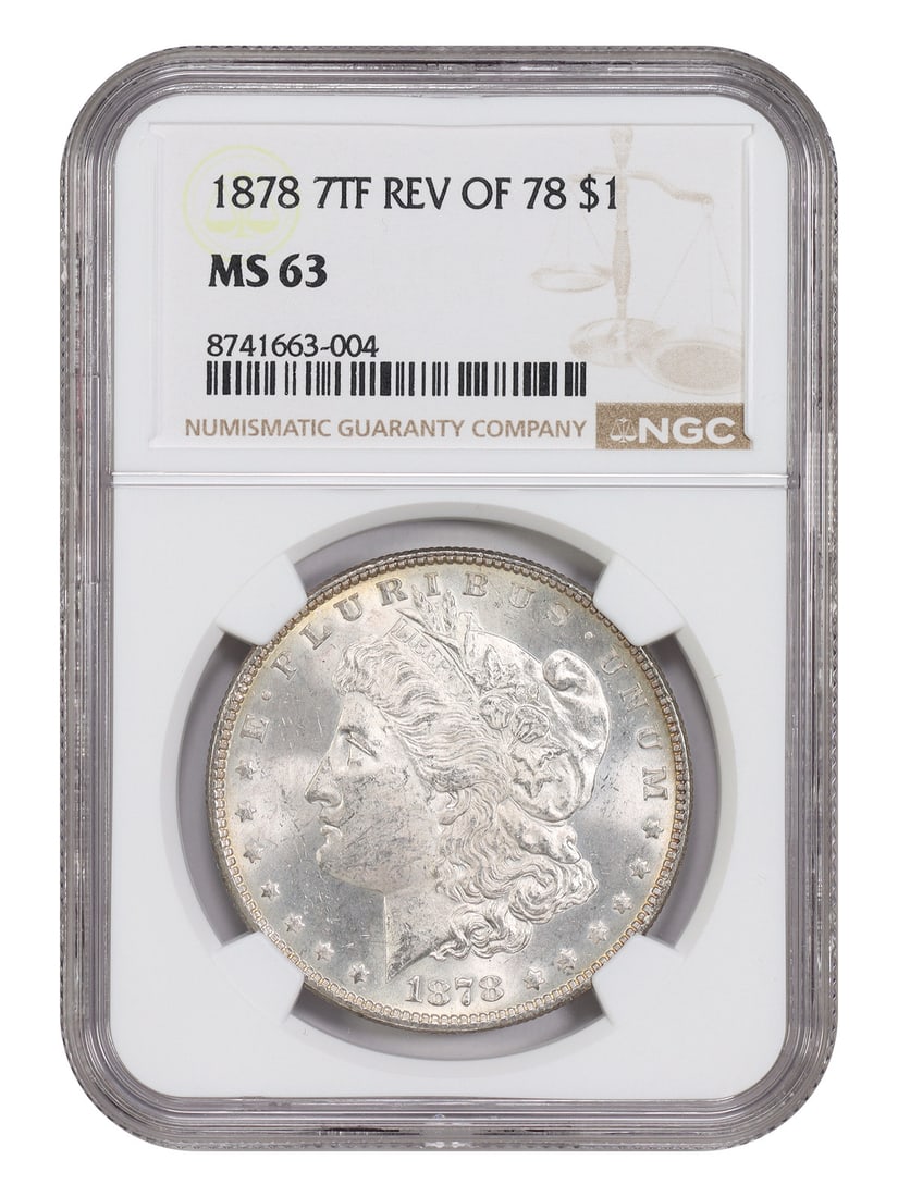 1878 7TF $1 NGC MS63 (Reverse of 1878) - Morgan Dollar Popular Issue: 1878 7TF $1 NGC MS63 (Reverse of 1878) - Morgan Dollar Popular Issue A rare and highly sought-after 1878 Morgan Dollar, graded MS63 by the NGC, boasts stunning detail on its reverse design, making it