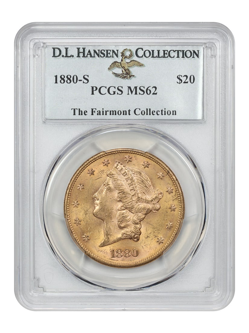 1880-S $20 PCGS MS62 Ex D.L. Hansen: 1880-S $20 PCGS MS62 Ex D.L. Hansen A rare and highly sought-after 1880-S $20 gold coin, graded MS62 by PCGS, is up for auction. This stunning example boasts a high grade from the renowned D.L. Hansen