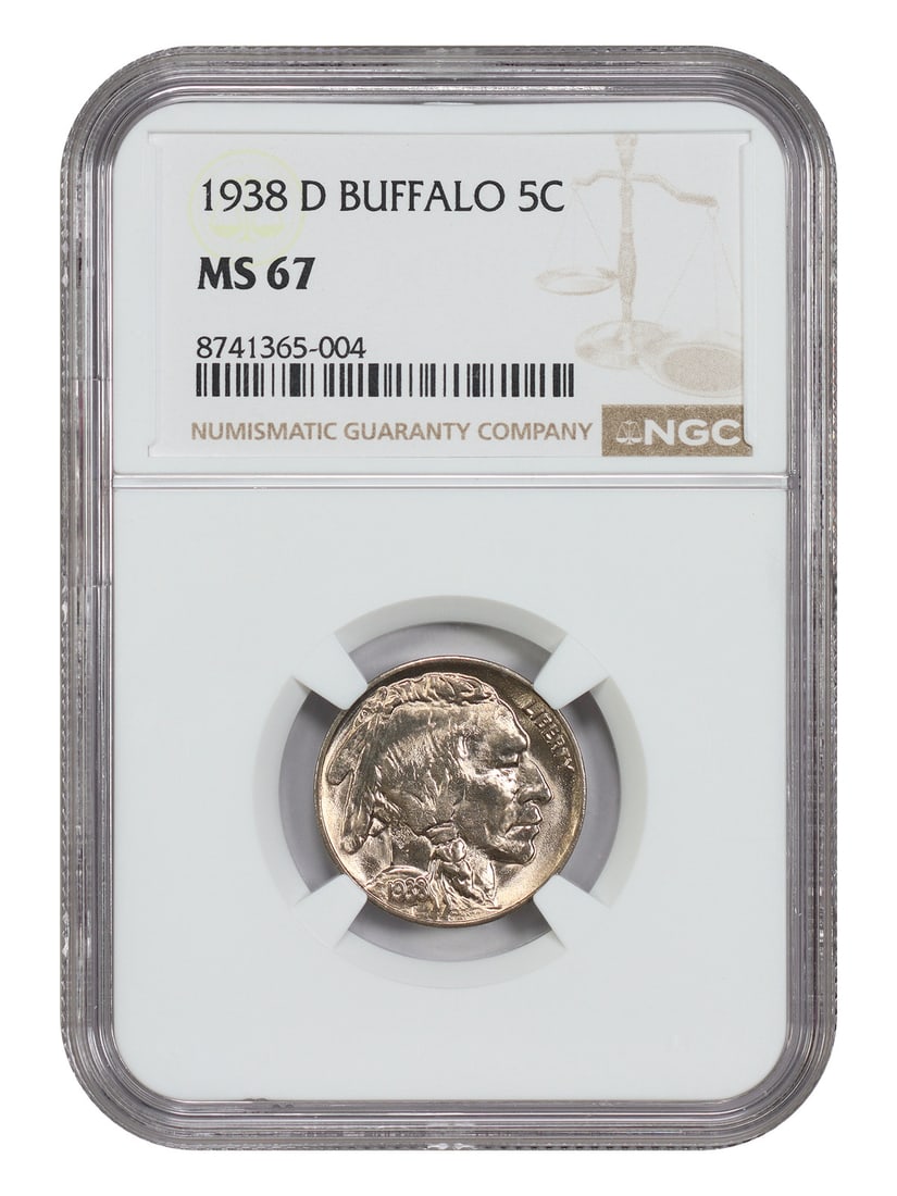 1938-D Buffalo Nickel MS67 NGC: 1938-D Buffalo Nickel MS67 NGC Experience the iconic Buffalo Nickel from 1938, certified by the NGC as MS67, one of the highest grades for this series. This uncirculated coin boasts stunning details