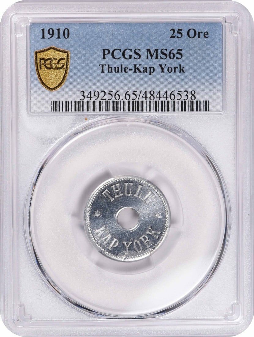 1910 Greenland 25 Ore Thule-Kap York MS65 PCGS: 1910 Greenland 25 Ore Thule-Kap York MS65 PCGS Rarity and beauty come together in this stunning 1910 Greenland 25 Ore Thule-Kap York, graded MS65 by PCGS. As one of the rarest coins from Denmark, its