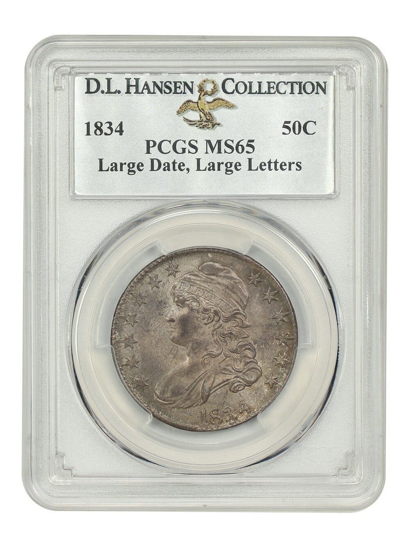 Large Letters) ex: D.L. Hansen - 1834 50C PCGS MS65 (Large Date: Large Letters) ex: D.L. Hansen - 1834 50C PCGS MS65 (Large Date A stunning example of American numismatics, this 1834 Half Dollar boasts a striking Large Date design and is certified MS65 by PCGS, one