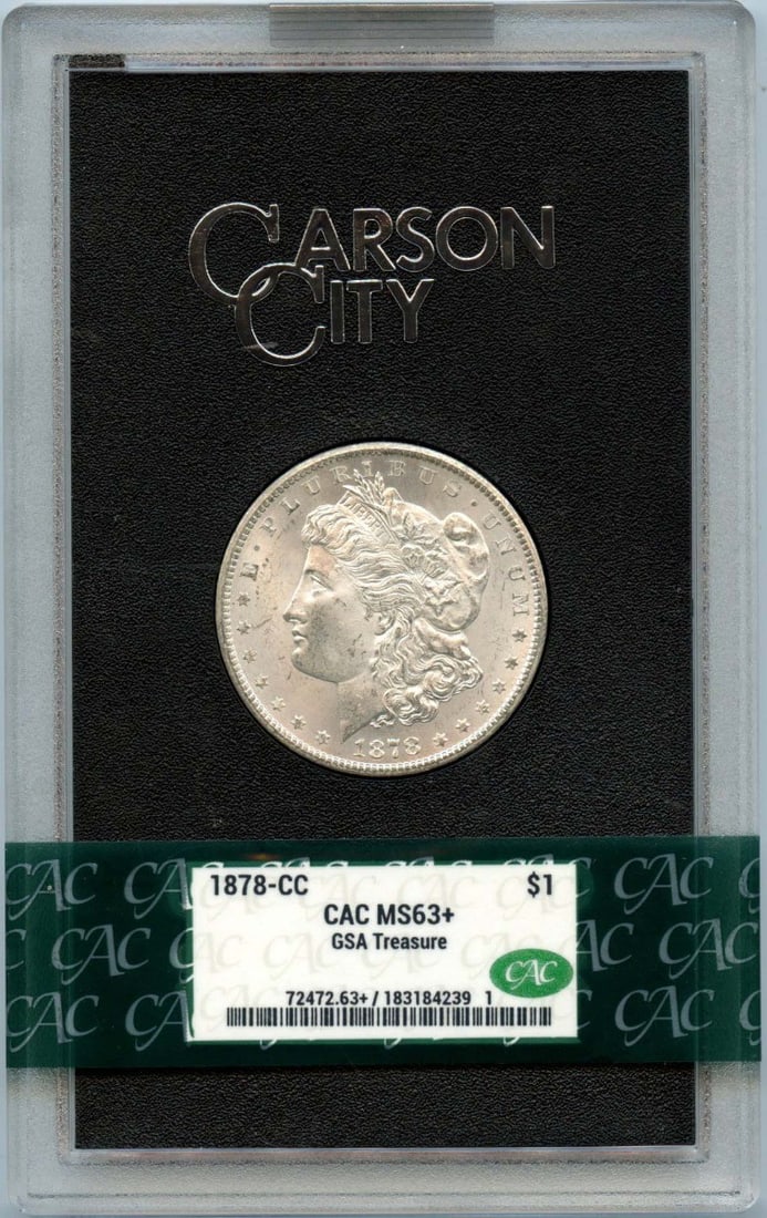 1878 CC Silver Morgan Dollar GSA CACG MS63+: 1878 CC Silver Morgan Dollar GSA CACG MS63+ Experience the majesty of the 1878 CC Silver Morgan Dollar, certified by CACG and graded MS63+, one of the finest examples of this iconic coin. With its stu