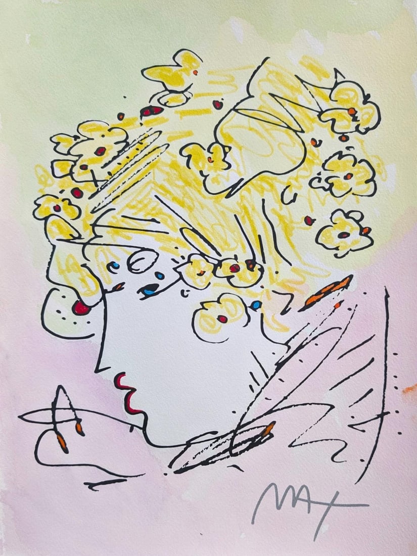 Mixed Media Watercolor and Silkscreen Painting - Peter Max - Lady Profile - Hand Signed: Mixed Media Watercolor and Silkscreen Painting - Peter Max - Lady Profile - Hand Signed A stunning mixed media painting by renowned artist Peter Max, featuring a captivating lady profile in vibrant co
