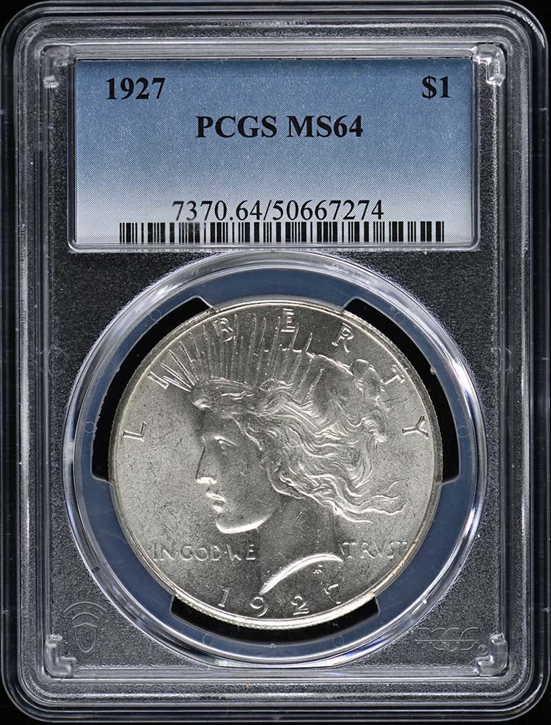 1927 Peace Dollar MS64 PCGS: 1927 Peace Dollar MS64 PCGS Experience the elegance of the 1927 Peace Dollar, certified MS64 by PCGS, in pristine uncirculated condition. Struck at the Philadelphia mint, this rare coin boasts stunnin