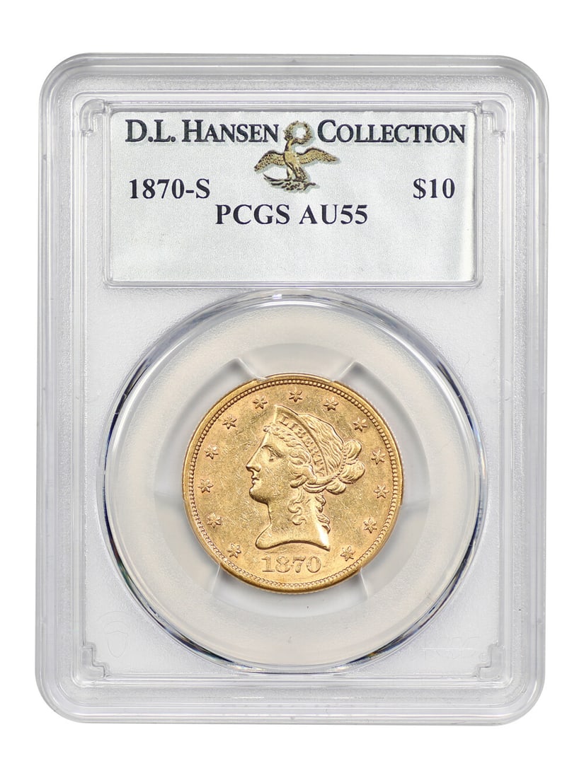 Hansen 1870-S $10 PCGS AU55 ex: D.L.: Hansen 1870-S $10 PCGS AU55 ex: D.L. A rare and highly sought-after $10 Liberty Head gold coin from 1870, certified by PCGS as AU55, with a rich history tied to the D.L. collection. This circulated sp