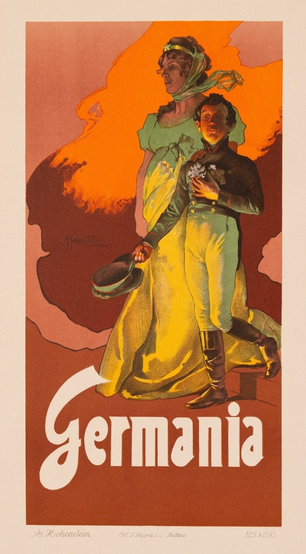 Germania Adolfo Hohenstein Ricordi Portfolio 1910: Germania Adolfo Hohenstein Ricordi Portfolio 1910 Experience the elegance of early 20th-century Italian opera with this rare and beautifully crafted poster from Adolfo Hohenstein, created in 1910. Mea