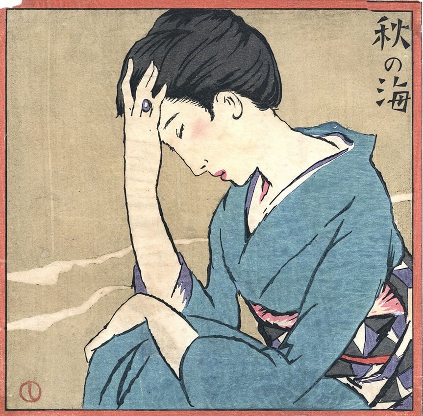 1926 Yumeji Takehisa Japan Woodblock Prints "The Sea in Autumn" Kimono Woman: 1926 Yumeji Takehisa Japan Woodblock Prints "The Sea in Autumn" Kimono Woman Experience the timeless beauty of Yumeji Takehisa's 1926 woodblock print, "The Sea in Autumn", which transports you to a se