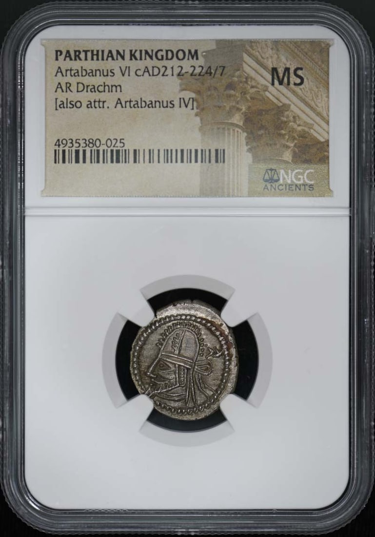 60 Artabanus VI cAD212-224/ 7 PARTHIAN KINGDOM AR Drachm NGC: 60 Artabanus VI cAD212-224/ 7 PARTHIAN KINGDOM AR Drachm NGC Experience the rich history of the 7th century Parthian Kingdom with this stunning Artabanus VI cAD212-224 drachm, certified by NGC and min