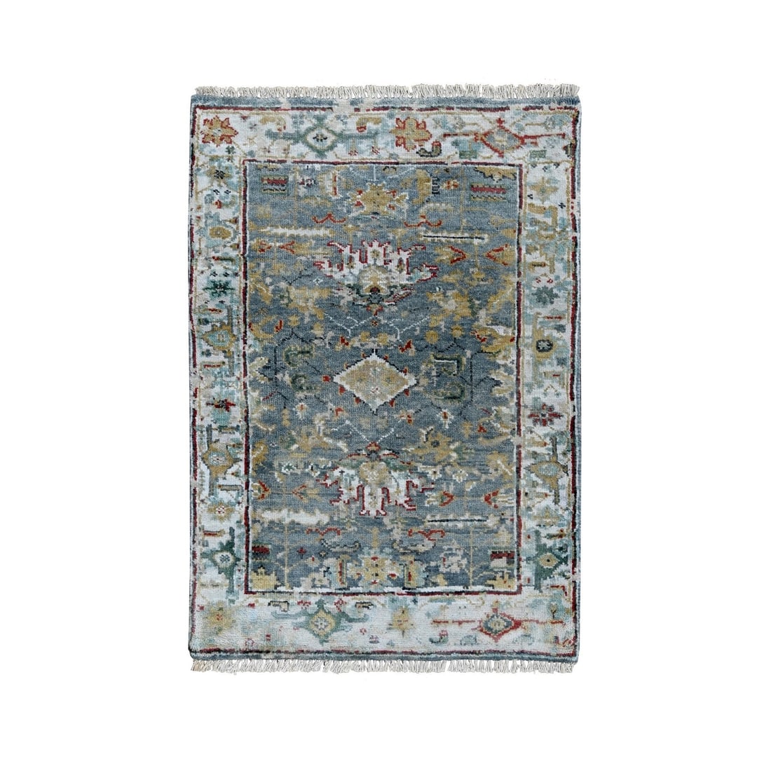 2'x3' Blue Wool Broken and Erased Zoroastrian Heris Hand Knotted Mat Rug: 2'x3' Blue Wool Broken and Erased Zoroastrian Heris Hand Knotted Mat Rug Experience the rich cultural heritage of India with this stunning 2'x3' Blue Wool Heris Hand Knotted Mat Rug, crafted using tra