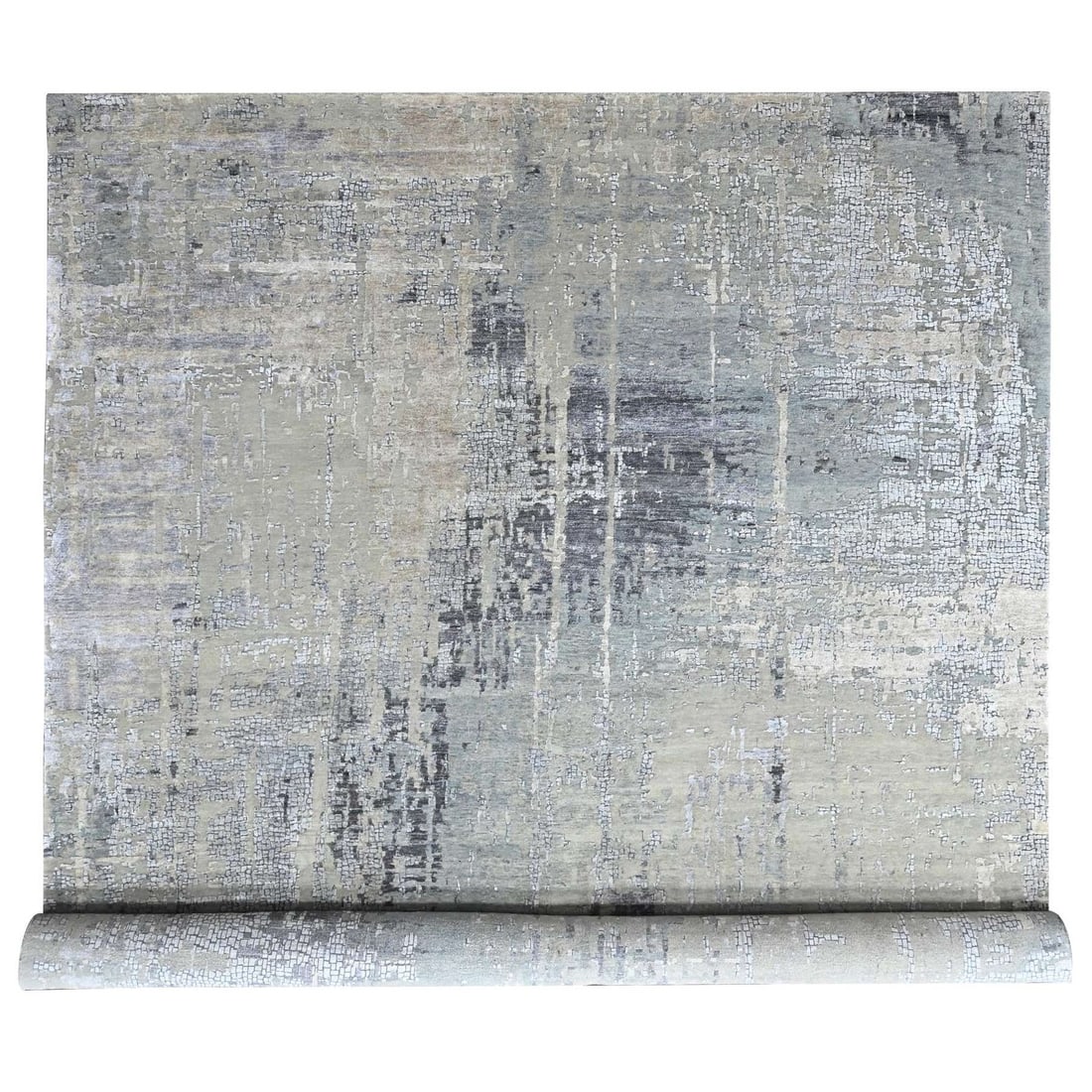 Hand Knotted XL Rug 11'10"x14'9" Wool & Silk Gray Abstract Mosaic Design: Hand Knotted XL Rug 11'10"x14'9" Wool & Silk Gray Abstract Mosaic Design Experience the rich texture and timeless elegance of this stunning hand-knotted wool and silk rug, expertly crafted in India us