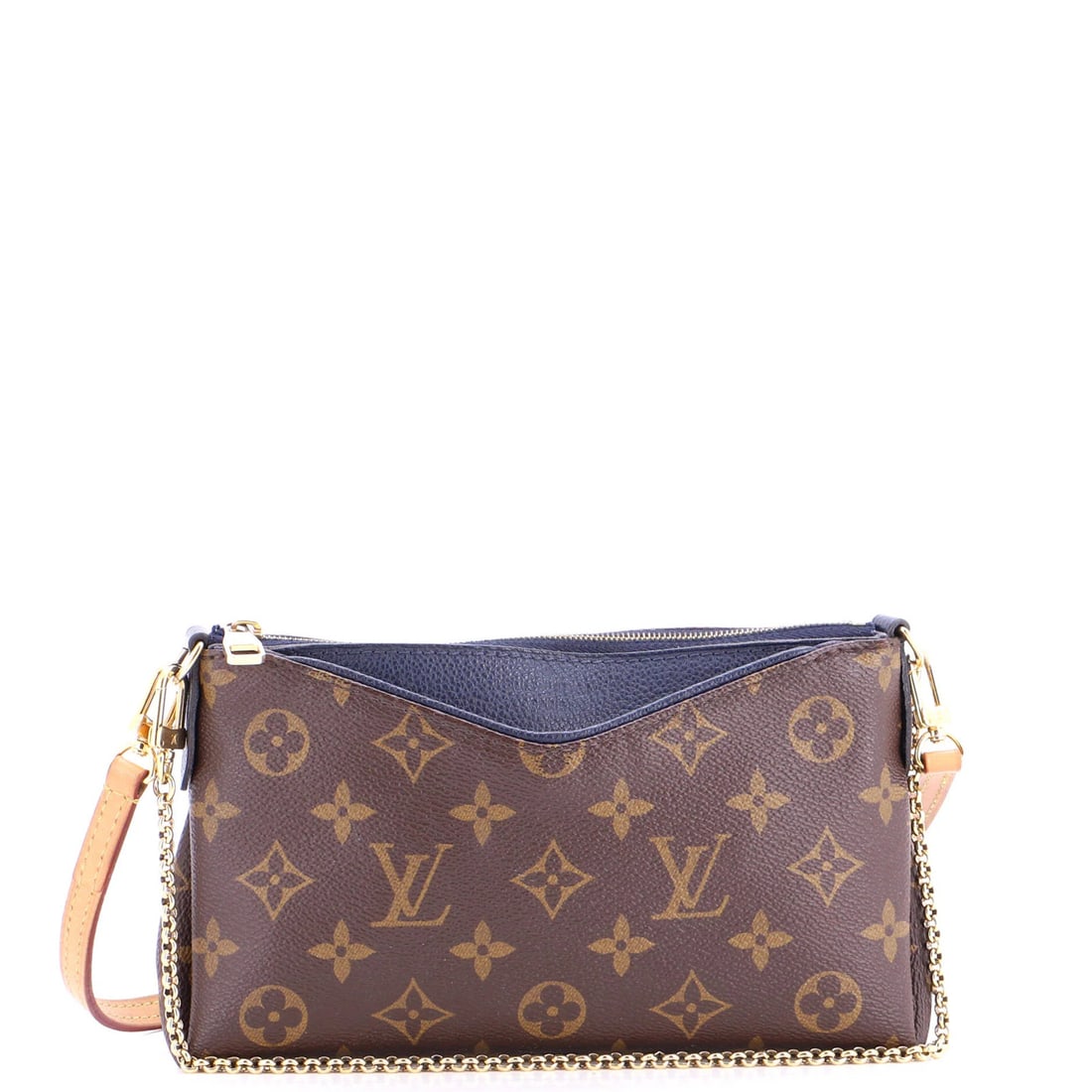 Louis Vuitton Monogram Canvas Clutch with Leather: Louis Vuitton Monogram Canvas Clutch with Leather A stunning Louis Vuitton Pallas Clutch in iconic monogram canvas, adorned with supple leather accents and a sleek gold hardware finish. This chic blue