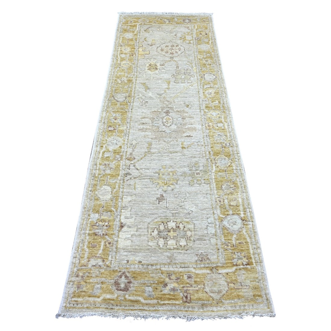 2'8"x7'10" Light Gray Hand Knotted Afghan Angora Oushak Wool Runner Rug (1 of 6)