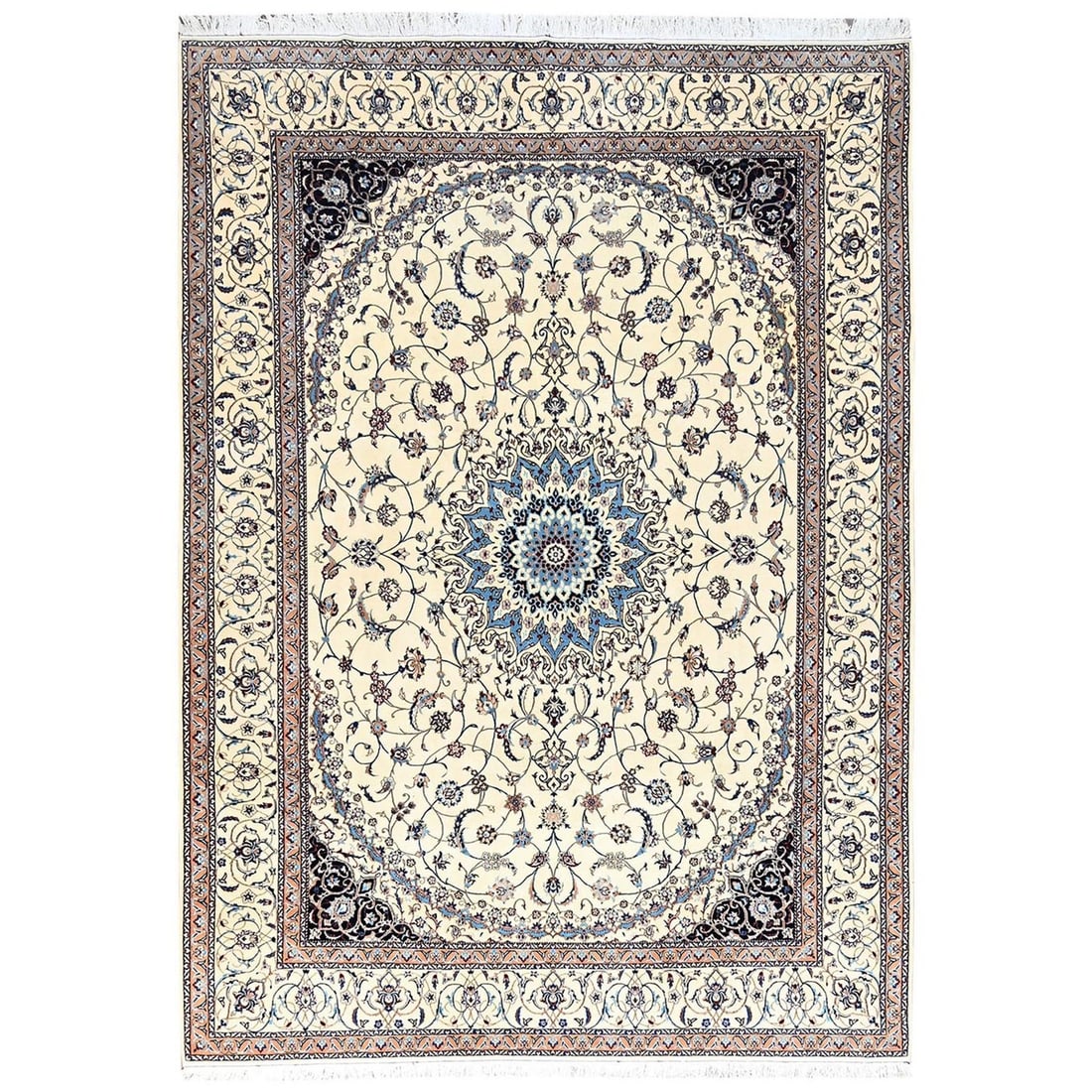 Ivory wool rug Hand knotted Zoroastrian silk Nain 400 KPSI 8'6"x11'8".: Ivory wool rug Hand knotted Zoroastrian silk Nain 400 KPSI 8'6"x11'8". Experience the rich heritage of Turkish craftsmanship with this exquisite, hand-knotted Zoroastrian silk rug, expertly woven
