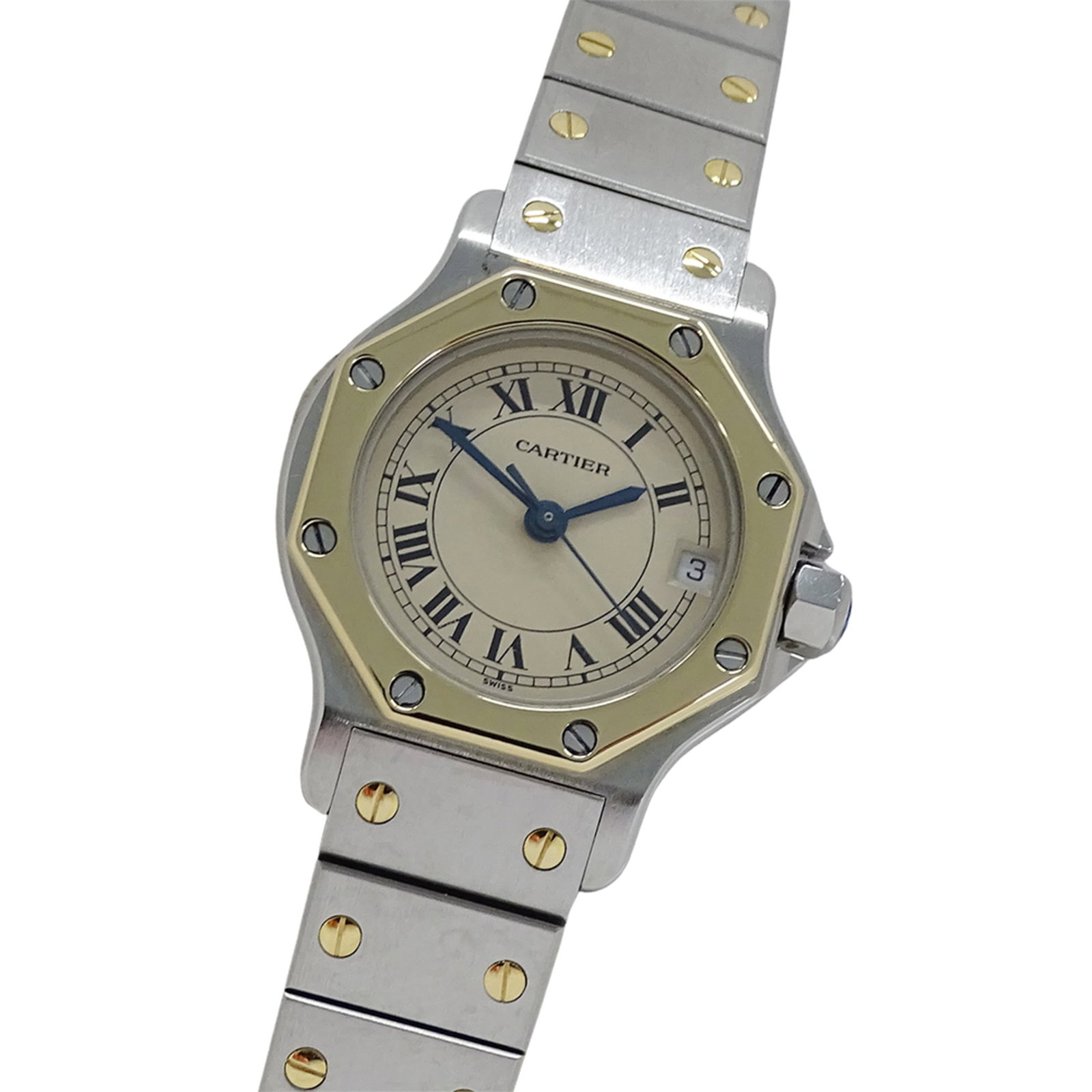 Cartier Wristwatch: Cartier Wristwatch A stunning Cartier wristwatch, crafted from durable stainless steel and yellow gold, boasts a timeless beige dial and sleek 24mm case. With its classic design and luxurious feel, th