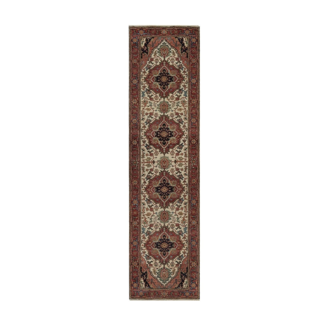 2'7"x10' Ivory Fine Heris Re-Creation Soft Wool Hand Knotted Runner Rug: 2'7"x10' Ivory Fine Heris Re-Creation Soft Wool Hand Knotted Runner Rug Experience the timeless elegance of India's rich heritage with this exquisite, hand-knotted ivory wool runner rug, measuring 10