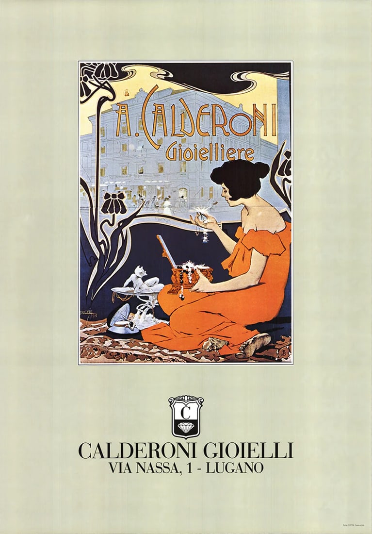 ADOLFO HOHENSTEIN A. Calderoni Gioielliere 50" x 34.75" Offset Lithograph 1991 V: ADOLFO HOHENSTEIN A. Calderoni Gioielliere 50" x 34.75" Offset Lithograph 1991 V A stunning offset lithograph by Adolfo Hohenstein, A. Calderoni Gioielliere is a captivating piece of art that