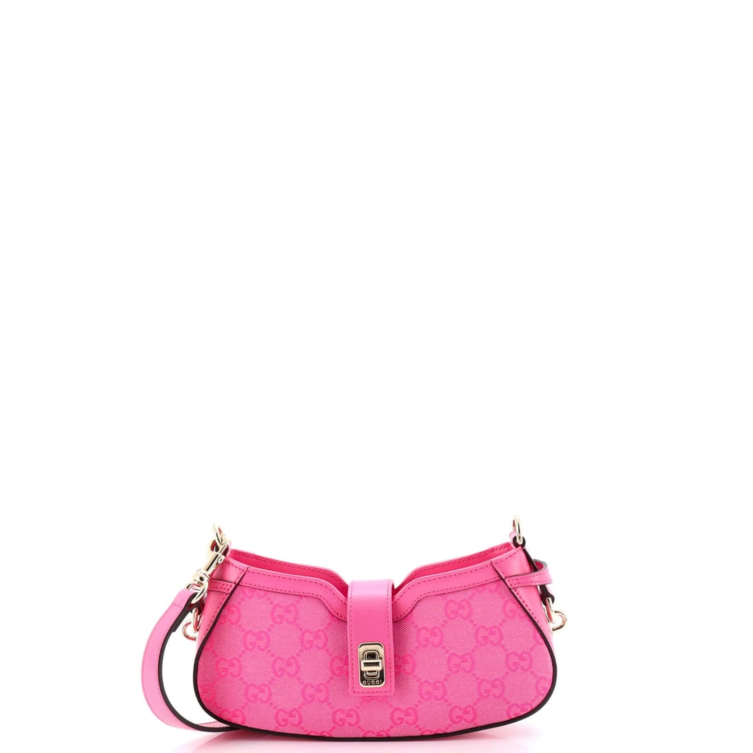 Gucci canvas mini shoulder bag moon side: Gucci canvas mini shoulder bag moon side Elevate your everyday style with the iconic Gucci canvas mini shoulder bag, boasting a vibrant pink hue and sleek moon side design that adds a touch of