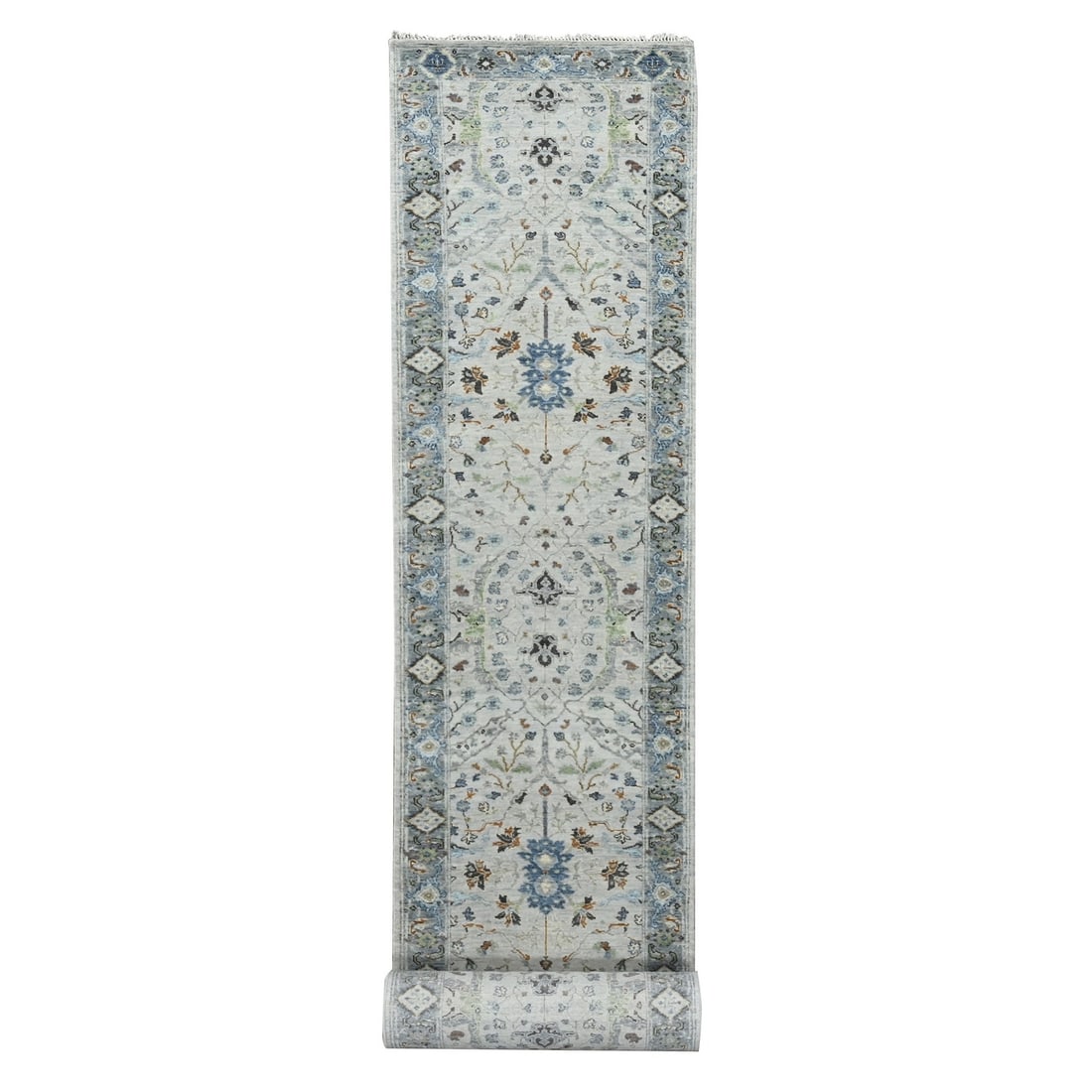2'6"x19'9" Seraph Gray Oushak 100% Wool Hand Knotted Runner Oriental Rug: 2'6"x19'9" Seraph Gray Oushak 100% Wool Hand Knotted Runner Oriental Rug Experience the timeless beauty of Indian craftsmanship with this stunning 100% wool Seraph Gray Oushak hand-knotted runner