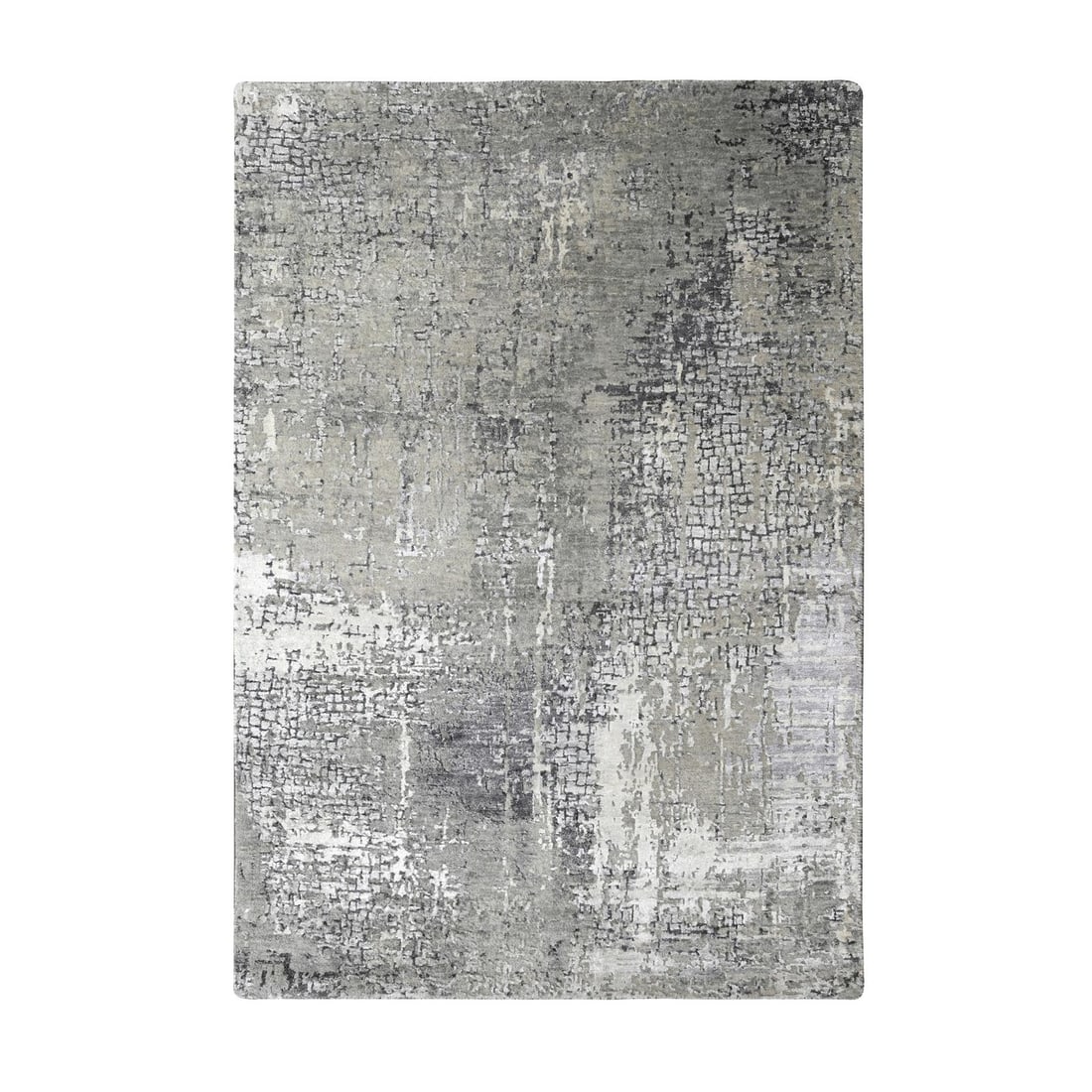 4'1"x6' Taupe Abstract with Mosaic Design Wool and Silk Hand Knotted Rug: 4'1"x6' Taupe Abstract with Mosaic Design Wool and Silk Hand Knotted Rug Experience the rich textures and subtle nuances of Indian craftsmanship in this stunning 4'1"x6'0" hand-knotted rug, expertly